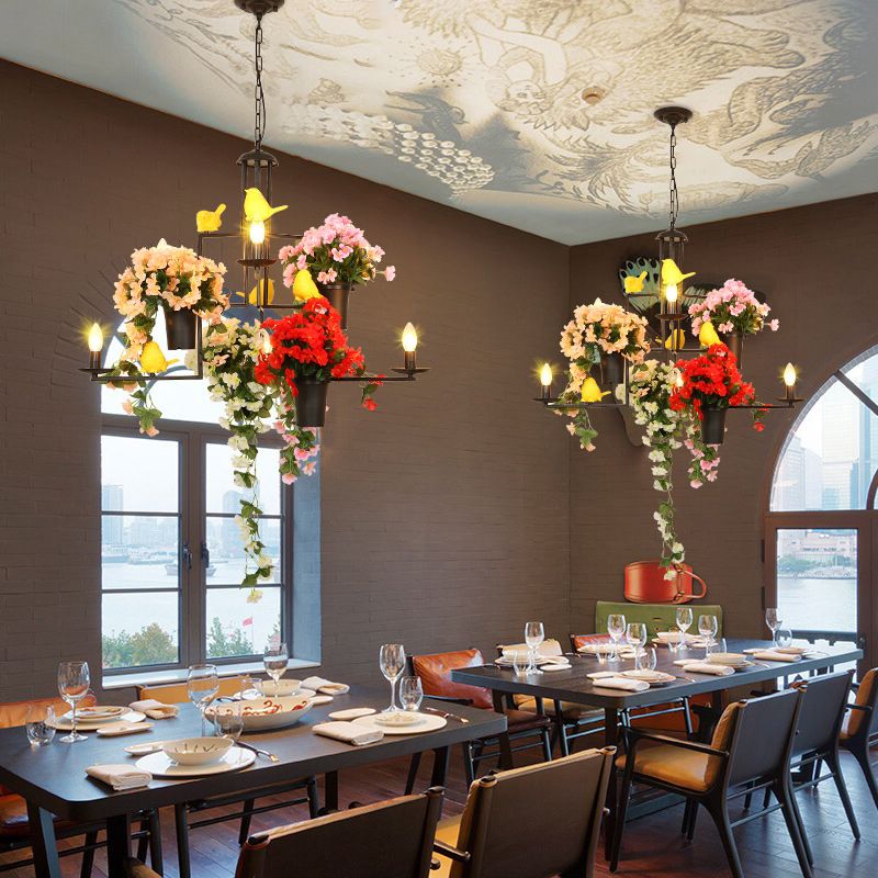 6 Heads Candelabra Suspension Pendant Industrial Black Metal Chandelier Pendant Light with Flower Decoration