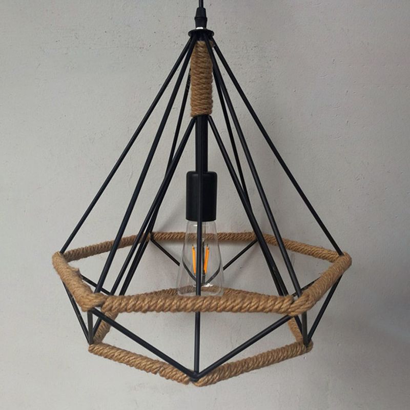 Black Rope Geometric Cage Ceiling Light Industrial Loft Hanging Light for Dining Room