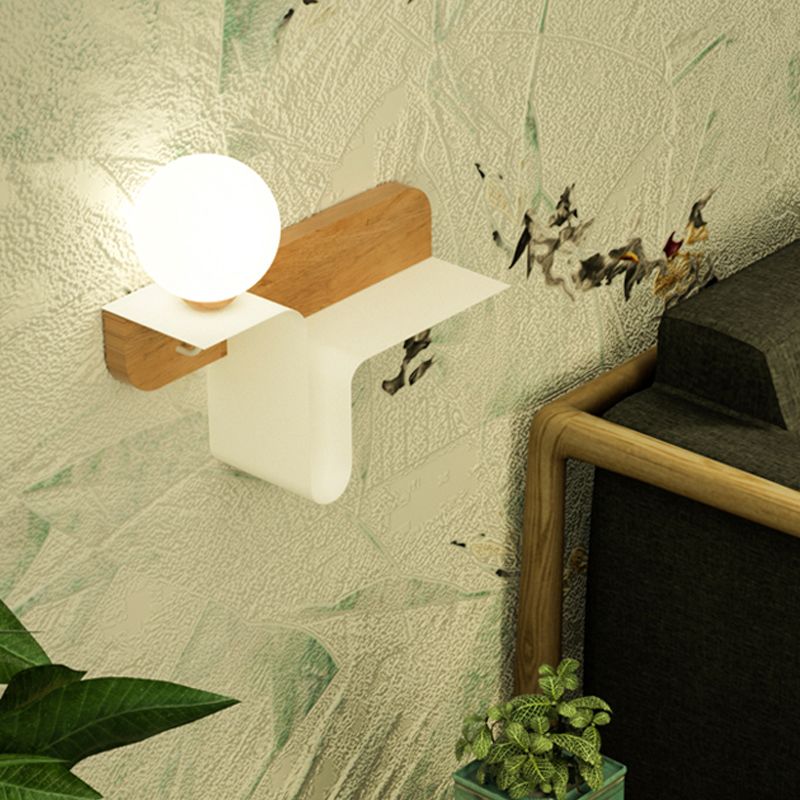 Orb Opal Frosted Glass Sconce Ideas Nordic 1 Bulb White-Wood Wall Mounted Lamp with Shelf, Left/Right