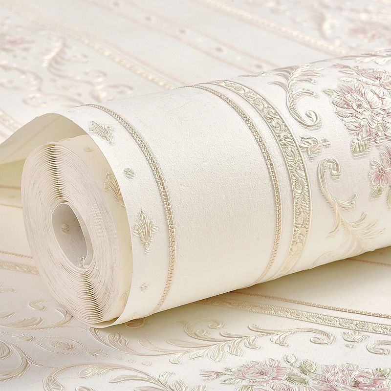 Floral Striped Wallpaper Roll Countryside Embossed Wall Covering in Pastel Color