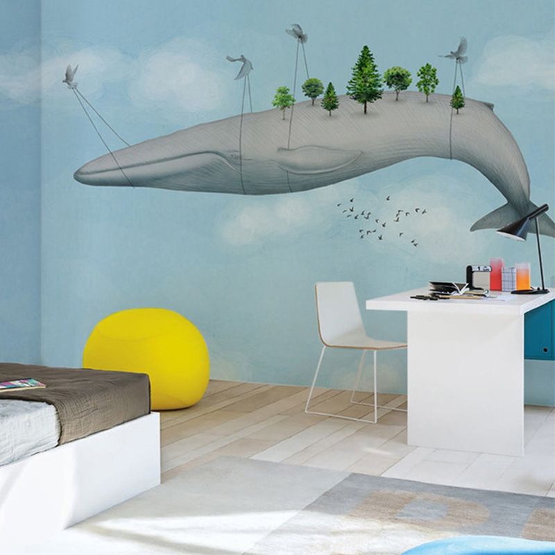 Light Color Flying Whale Murals Animal Cartoon Moisture Resistant Wall Art for Nursery