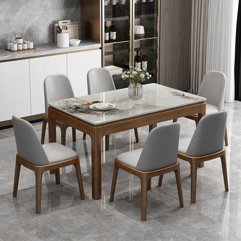 Modern Rectangular Grey Stone Top Dining Table with 4 Rubberwood Legs
