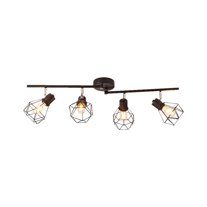 4-lampen Plafondlamp met Mini Diamantkooi Metalen Vintage Keuken Semi Flush Mount Licht in Zwart