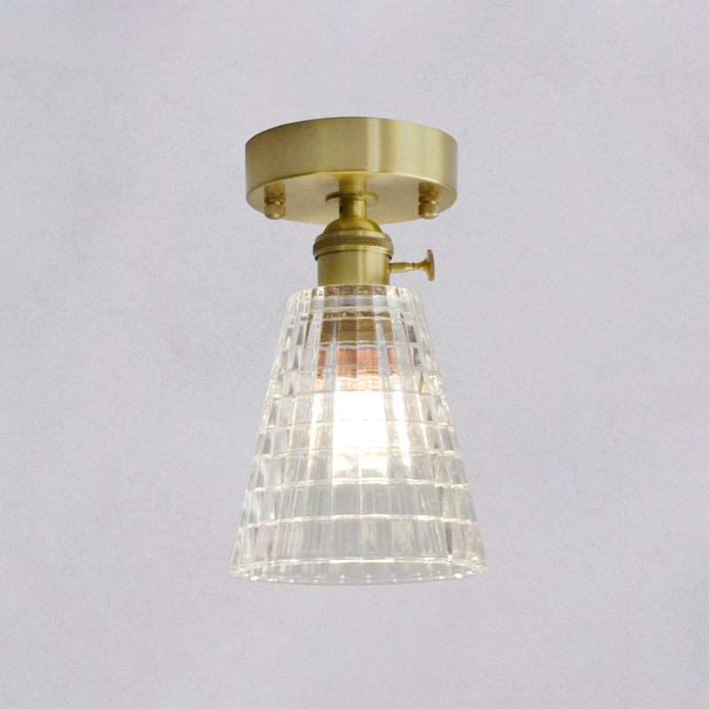 Brass Finish 1-Head Ceiling Mounted Light Minimalist Carved Glass Shaded Semi Flush Mount Lamp for Corridor