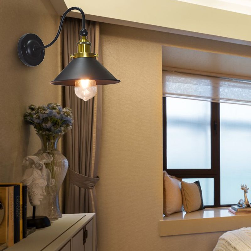Lámpara de pared de pared negra 1 luz de estilo retro lámpara de matorral de tono cónico de metal con brazo de cuello de cisne para corredor