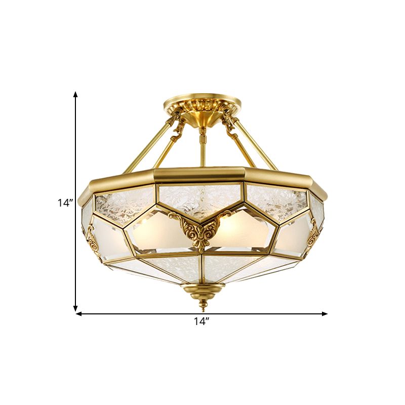 Opaline Glass Brass Semi Flush Mount Faceted Dome 3/4 Lights Country Printed Close to Ceiling Lamp, 14"/18" Width