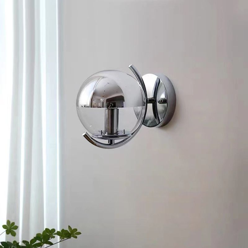 1-Light Modern Wall Lamp Silver Wall Mount Lamp with Glass Shade for Bedroom