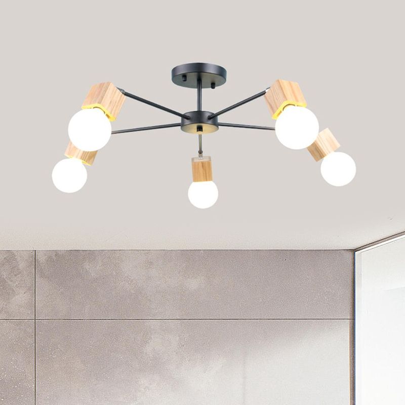 3/5-Light Ceiling Lamp Loft Industrial Open Bulb Metal Semi Flush Light in Wood for Bedroom