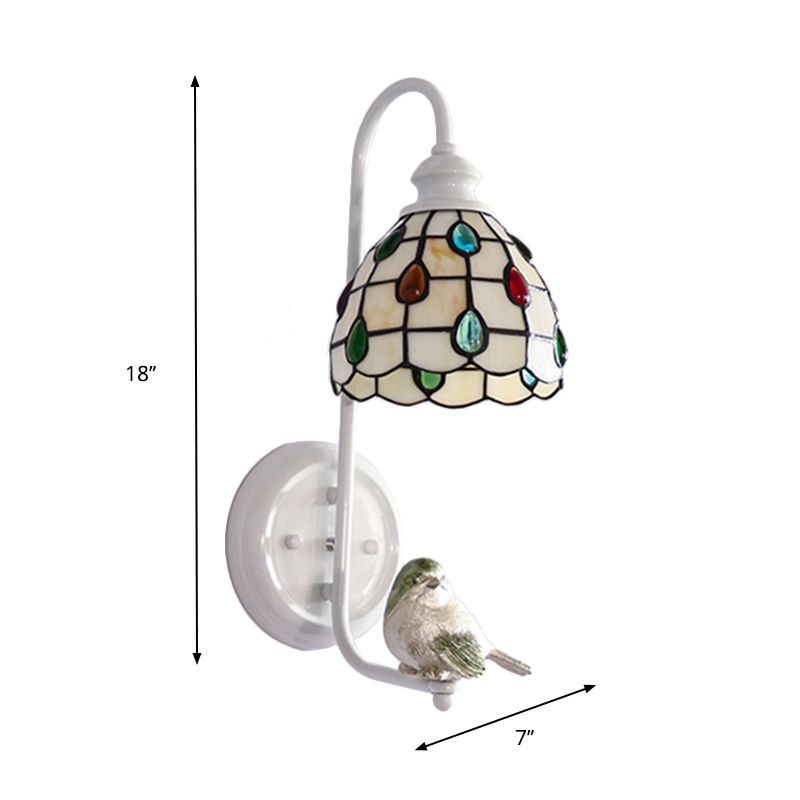 1 Head Sconce Light Tiffany Dome/House Stained Glass Wall Light Fixture in White with Square/Sunflower/Diamond Pattern
