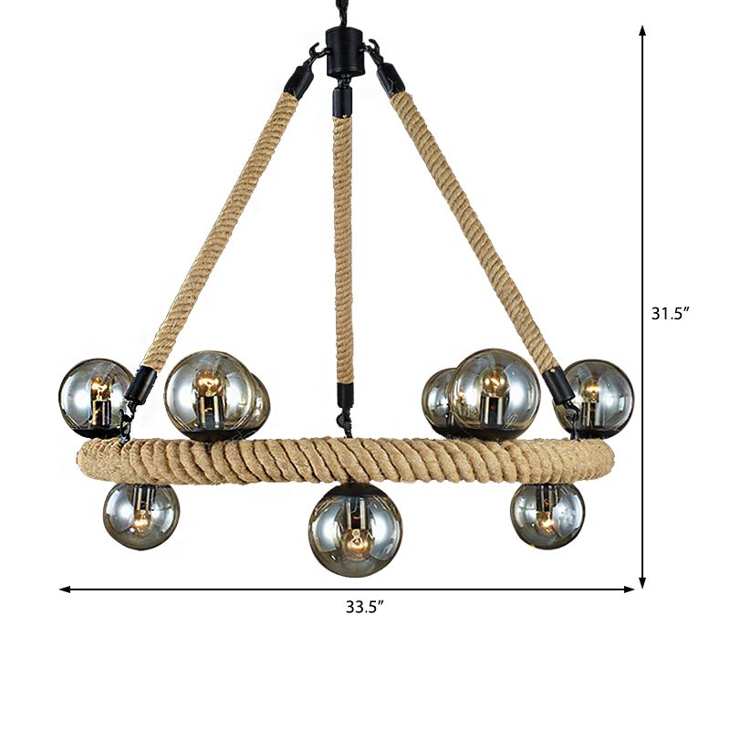 Beige 9 Lights Chandelier Light Fixture Industrial Rope Spherical Pendant Lamp for Dining Room with Glass Shade