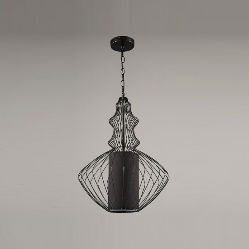 Pendante per lantenna in tessuto in gabbia retrò sala da pranzo a 1 luce appesa alla luce in nero