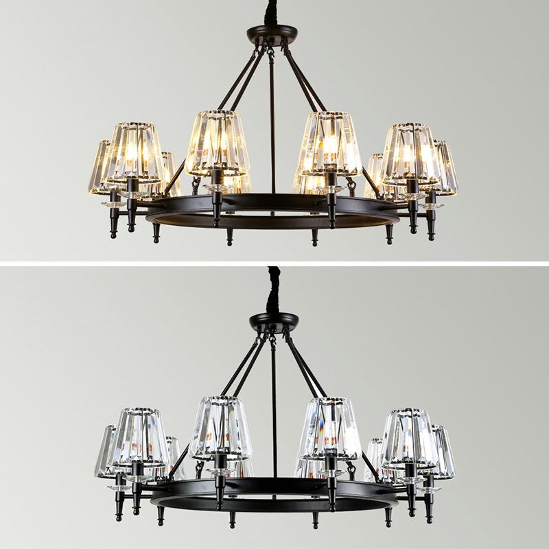 Traditional Style Crystal Chandelier Light Iron Vintage Suspension Lighting Fixture in Black for Living Room