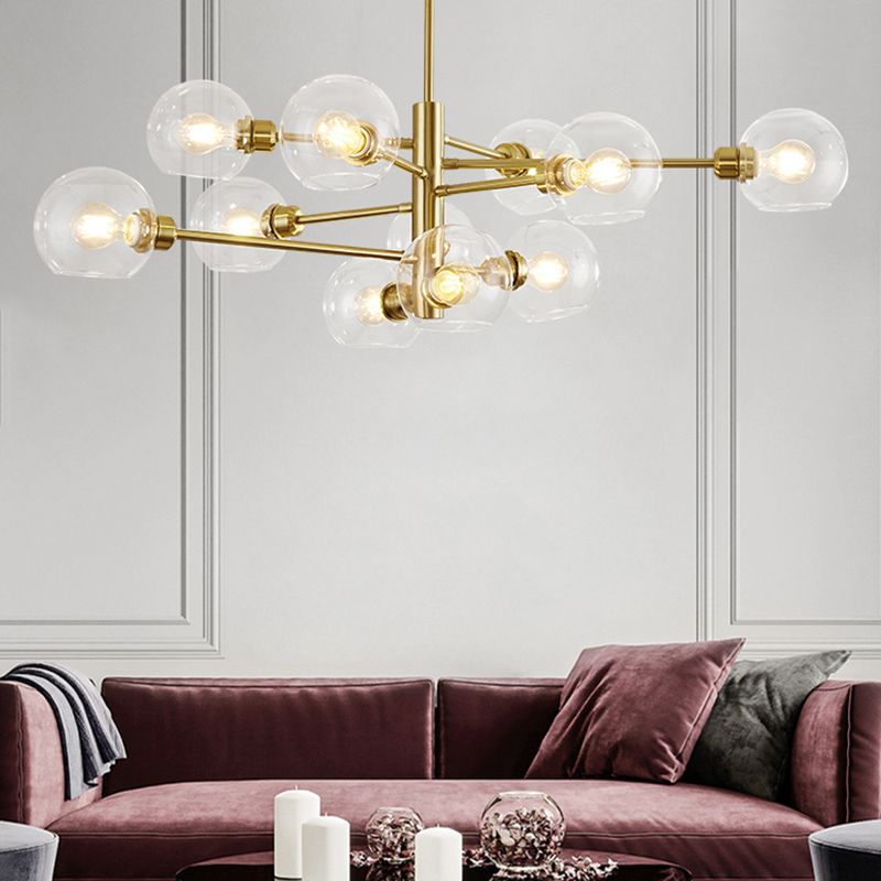 Full Copper Molecular Styling Chandelier Transparent Glass Orb Nordic Simplicity Lighting Fixture in Gold
