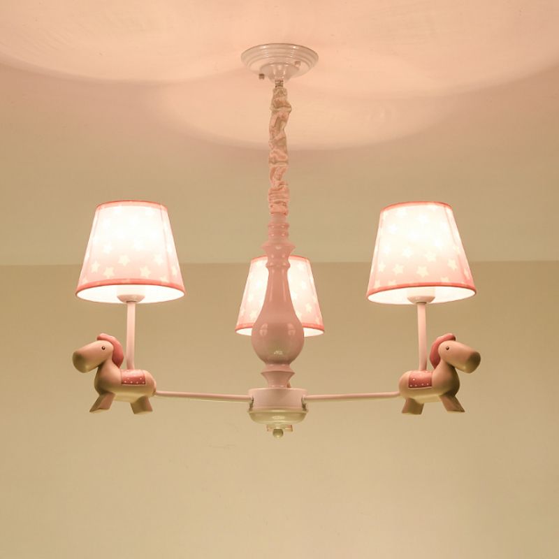 Pink Tapered Shade Chandelier Kid Fabric Down Lighting Pendant with Horse Figurine