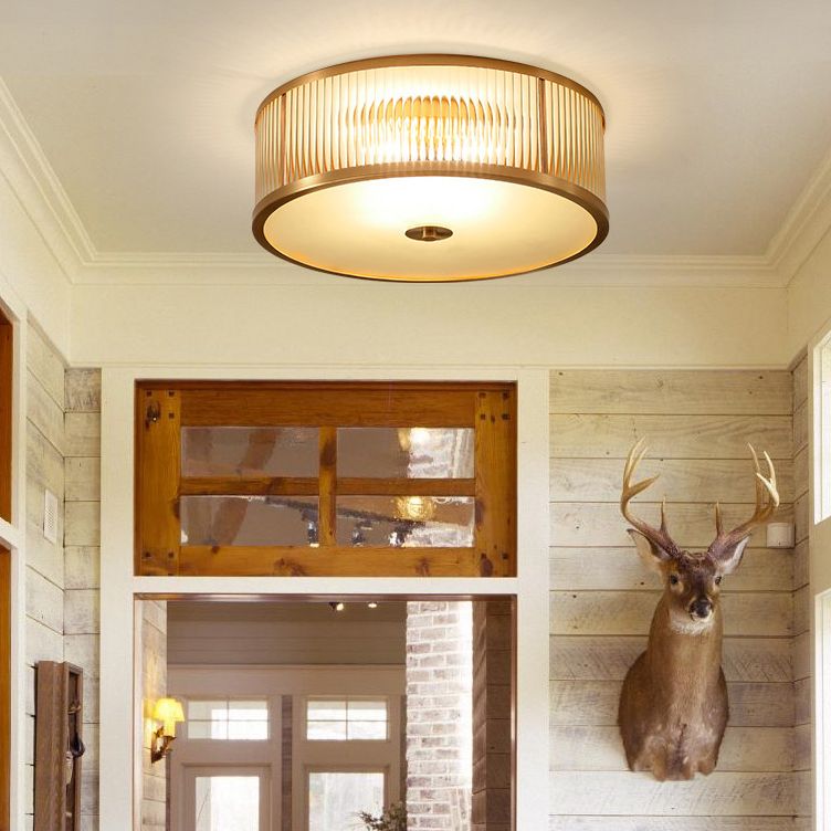 Lampada da soffitto circolare da incasso in vetro rigato Illuminazione coloniale da incasso in oro per camera da letto