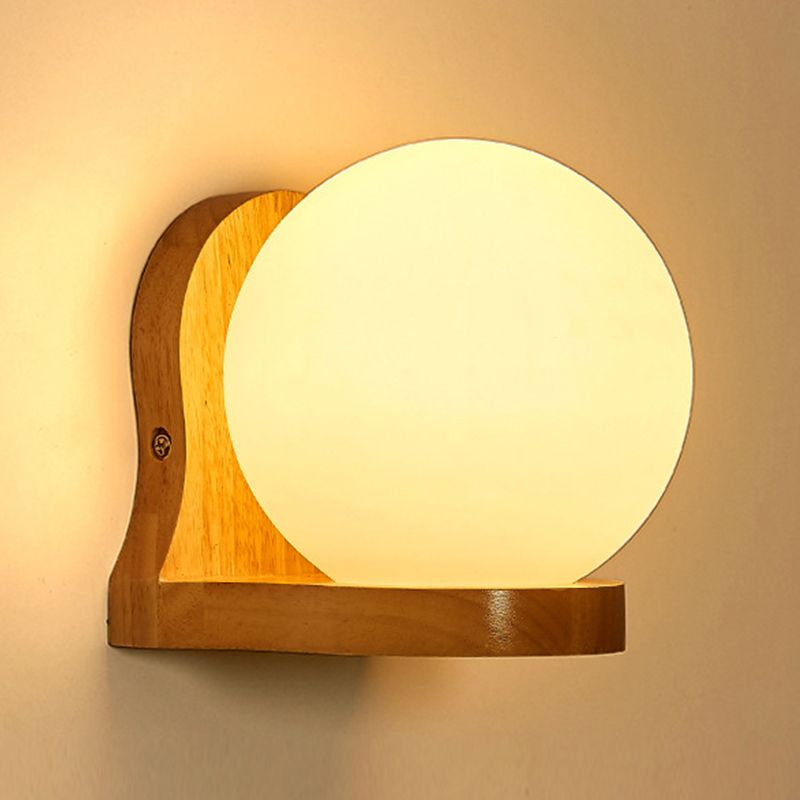 Nordic Wood Wall Light Globe 5.5" Wide Wall Sconce with White Glass for Bedroom
