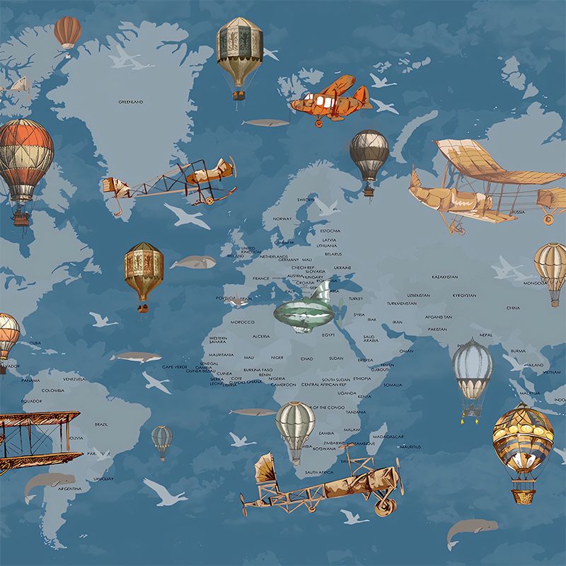 Whole Illustration Contemporary Wall Mural Extra Large Wall Art for Children with World Map and Balloon Design in Soft Color