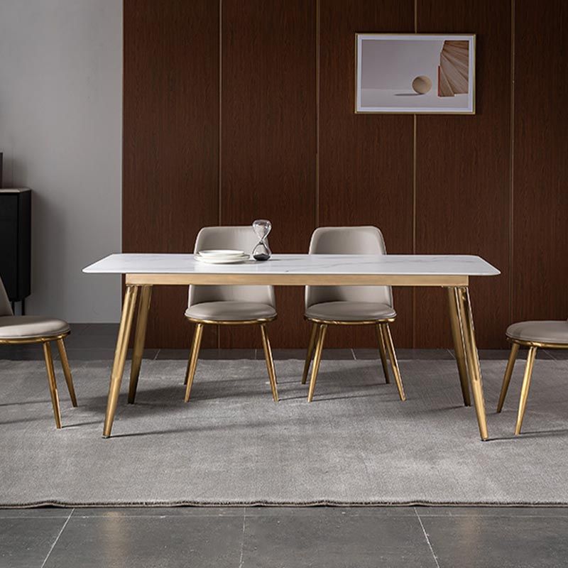 Rectangle Modern Dining Table White Sintered Stone Top Gold Metal Base Table