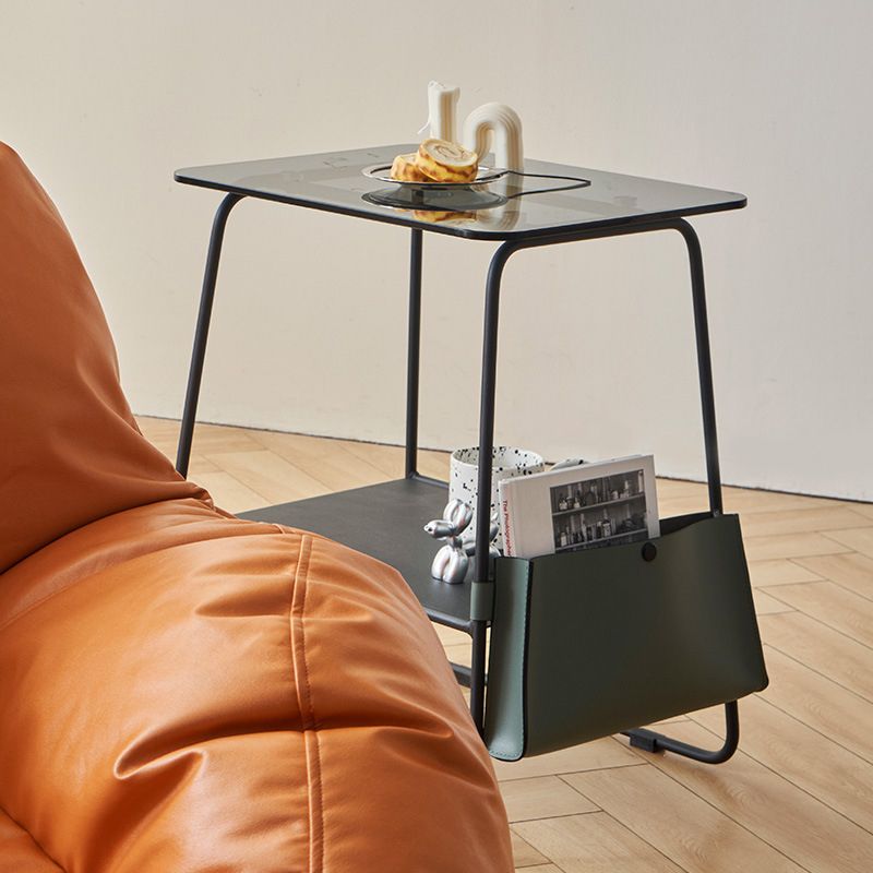 Metal Sled End Table Glass Top Side Sofa Side Accent Table with Shelf