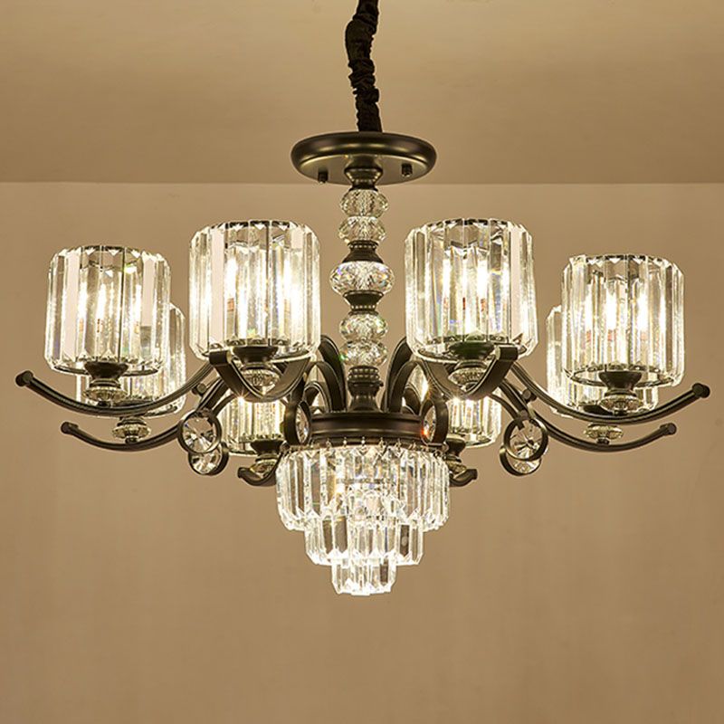 Cilíndrico Candelier Modernista Comedor de cristal transparente Luz de techo colgante en negro
