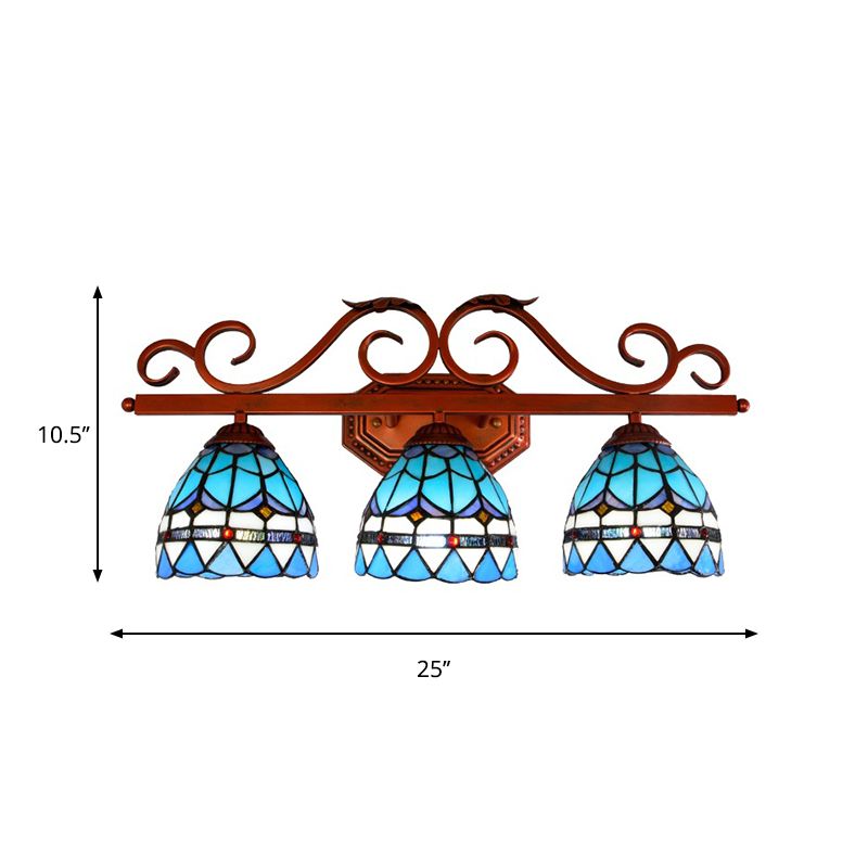 Blue Glass Bell Vanity Wall Light Mediterranean 3 Bulbs Copper Sconce Lighting with Scroll Arm