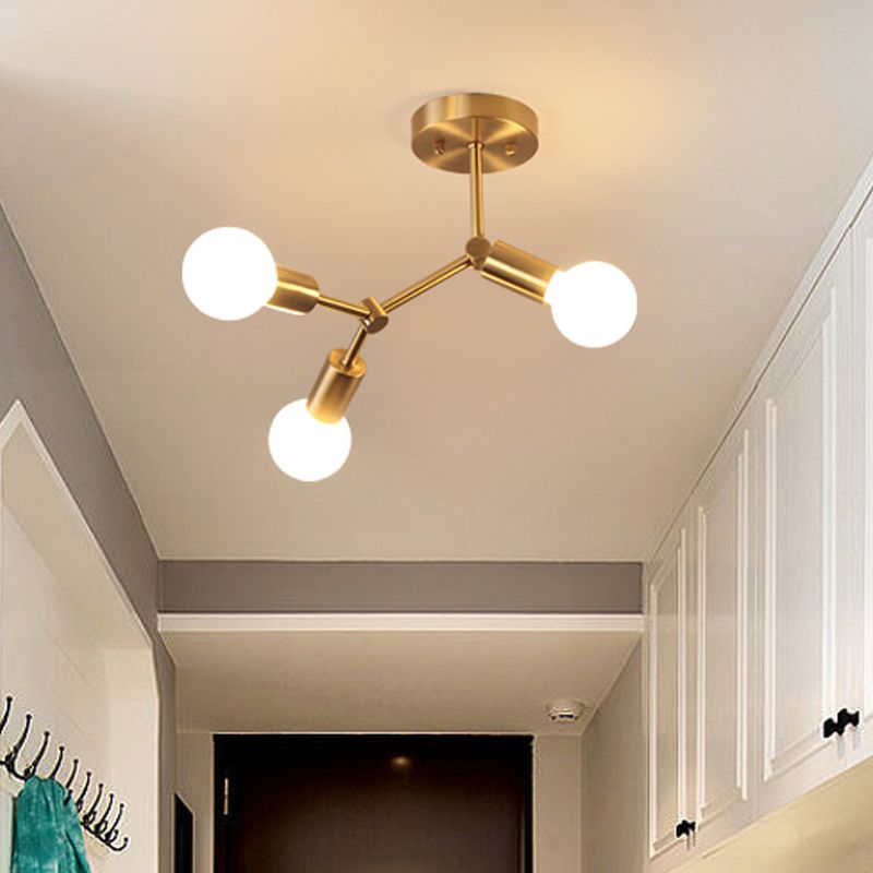 Rotating Molecule Exposed Ceiling Flush Postmodern Metal 3/4-Light Corridor Semi Mount Lighting in Brass