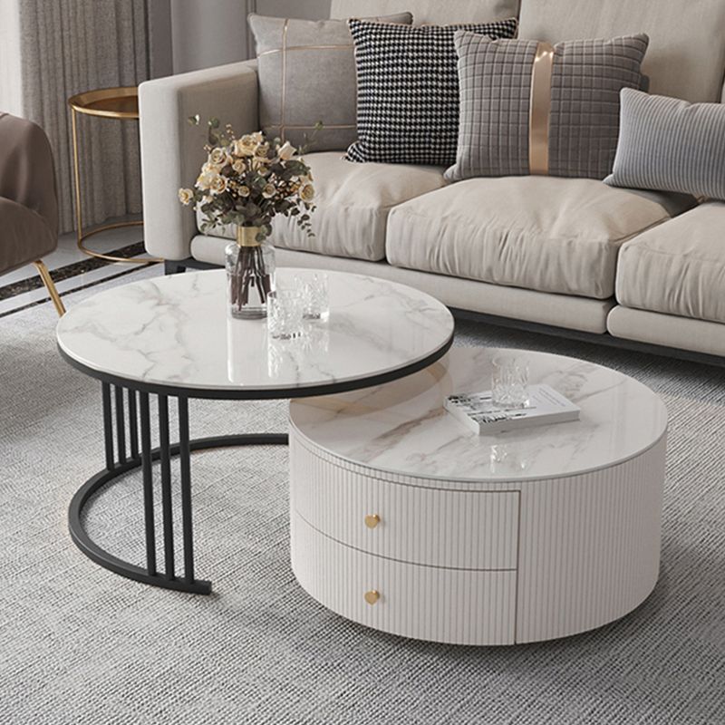 Frame Coffee Cocktail Table with Storage Drawers Round Slate Top