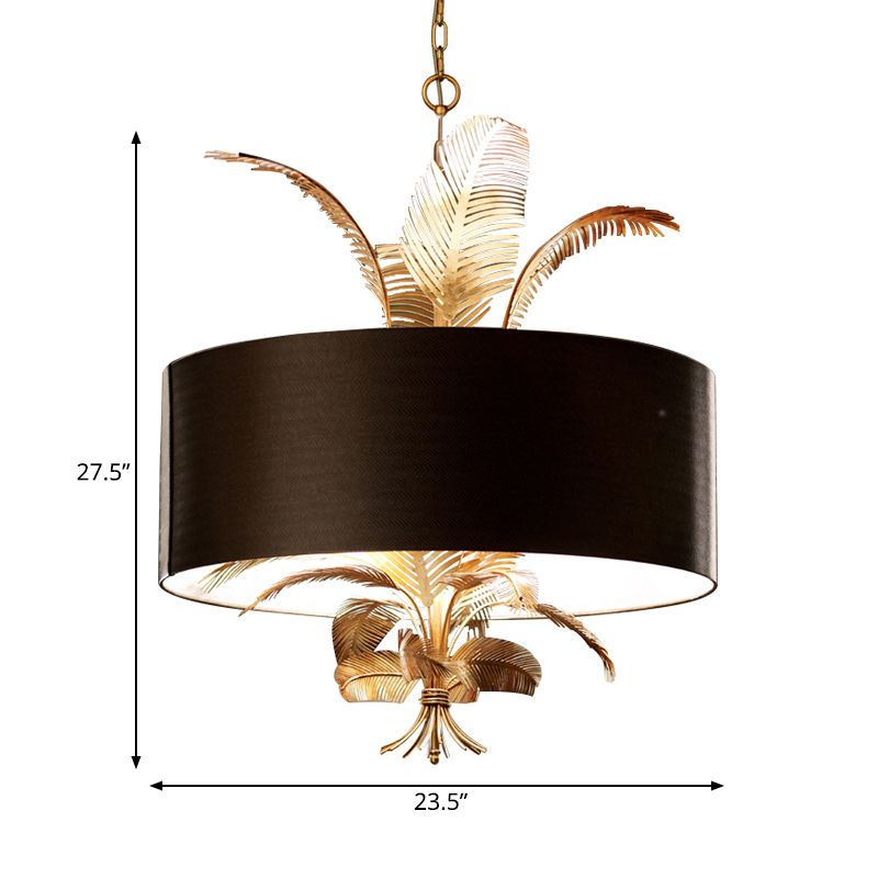 6 lumières plafonnier Light Country Drum tissu pending lustre en noir pour salle à manger avec feuilles déco