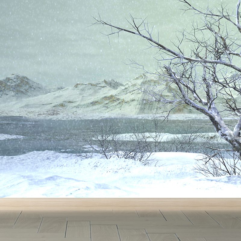 Illustration Style Winter Hills Mural Giant Wall Covering for Dining Room, Custom