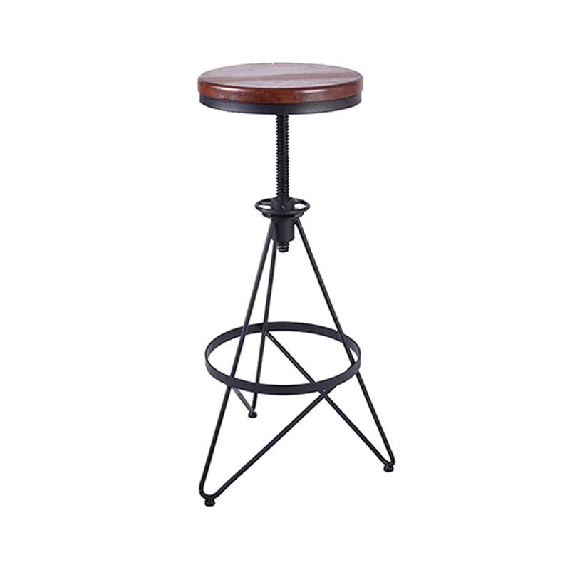 Industrial Adjustable Height Bar Stool Round Solid Wood with Iron Legs