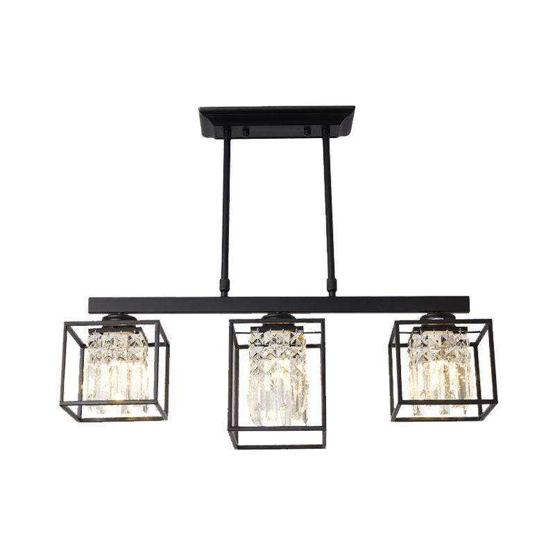 Tri-Sided Crystal Rod Black Hanging Ceiling Light Square 3/4 Heads Contemporary Island Lamp