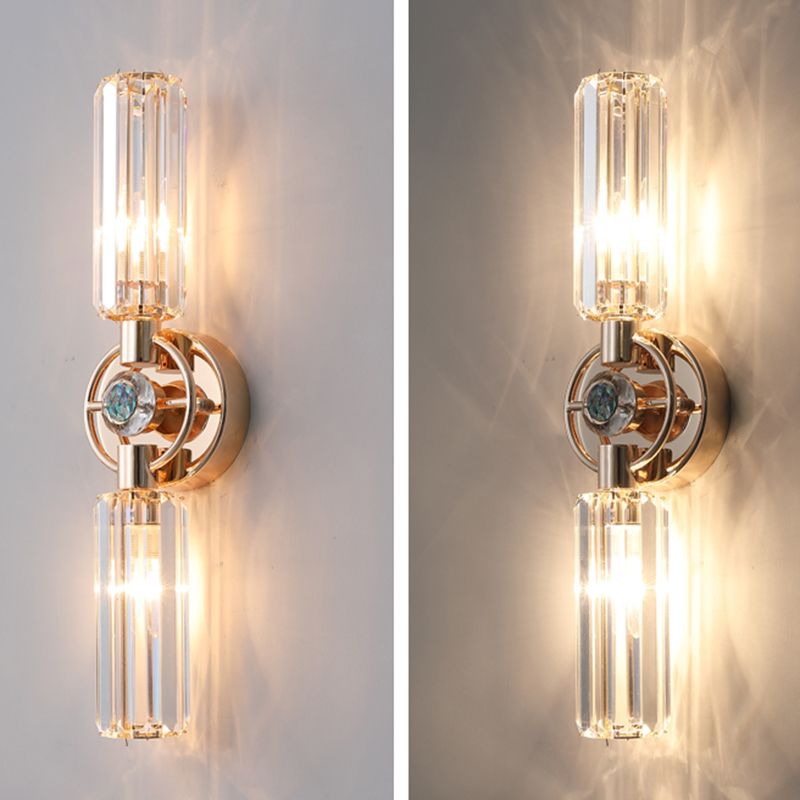 Gold Cylindrical Wall Lamp in Modern Luxury Style Wrought Iron 2-Light Wall Sconce with Crystal Shade