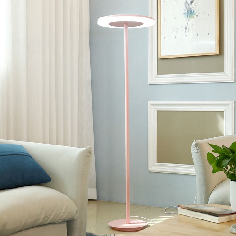 Acrylic Disc Shaped Stand Up Lamp Macaron Style LED Floor Lighting with Slender Tubular Stem in Pink/Yellow, Warm/White Light
