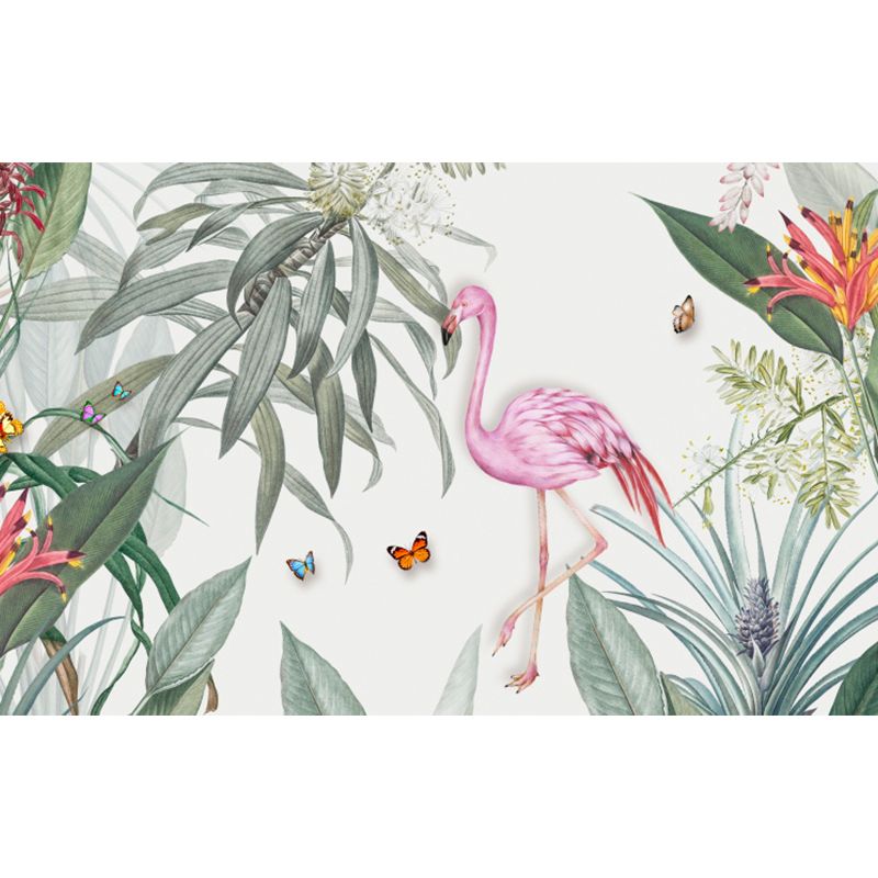 Standing Flamingo and Flower Mural Decal Tropical Non-Woven Wall Covering in Pink