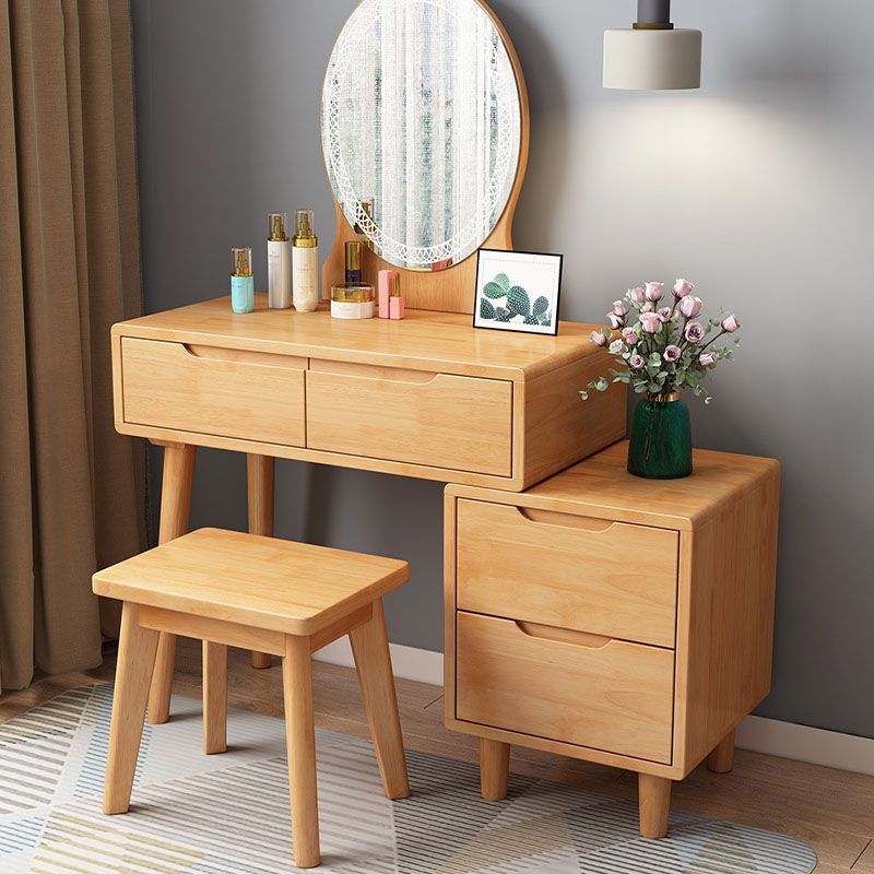 31. 5" L Wooden Vanity Table with Mirror & Stool 4 Drawers Makeup Vanity Table Set
