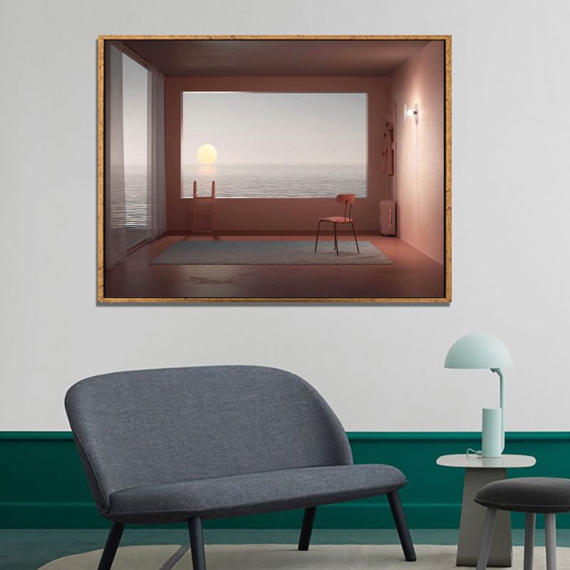 Minimalism Canvas Print Dark Color Mixed Media Empty Room with Sea View Wall Art for Home