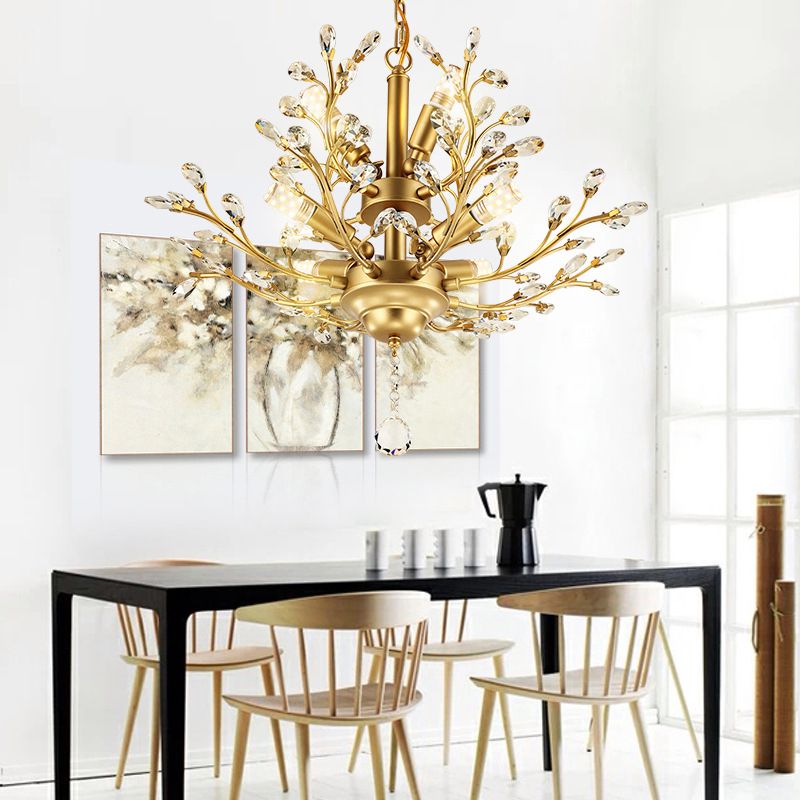 Country Style Foliage Chandelier Metal Suspension Light with Crystal Decor in Gold
