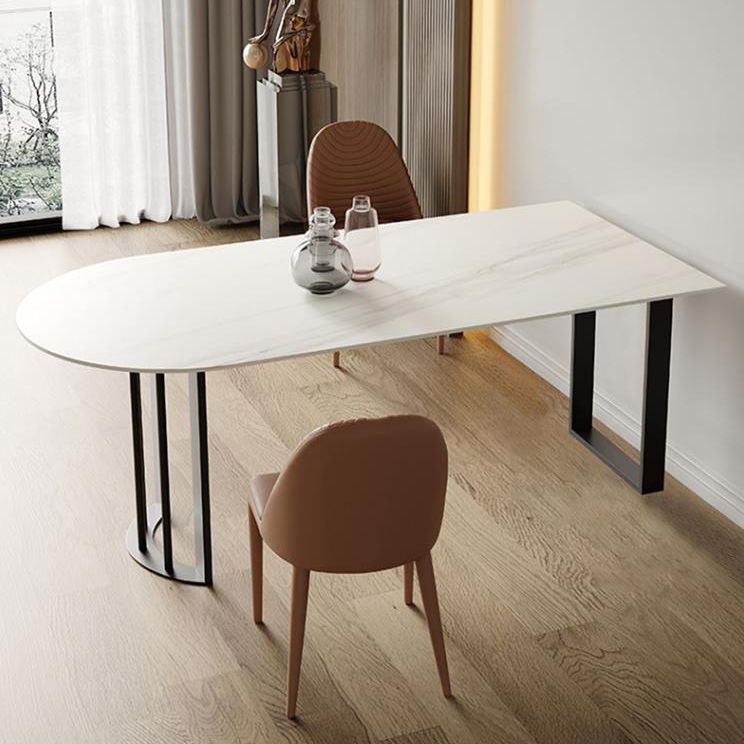 Living Room Simple Stone Table White Oval Table with Metal Pedestal