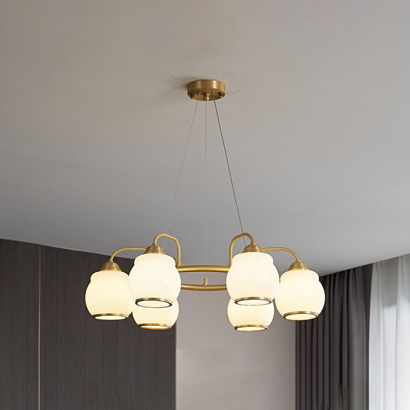 Modern Luxury Indoor Pendant Light Copper Geometric Chandelier with White Glass Shade