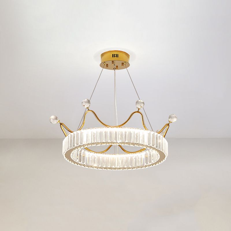 Beveled K9 Crystal Gold Pendant Light Crown Contemporary LED Ceiling Light for Bedroom
