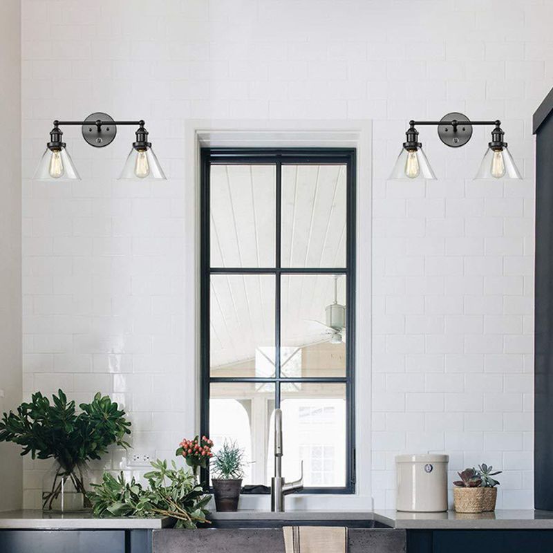 Conical Shade Industrial Wall Mounted Lamp 2 Lights Vanity Sconce in Clear Glass Cage