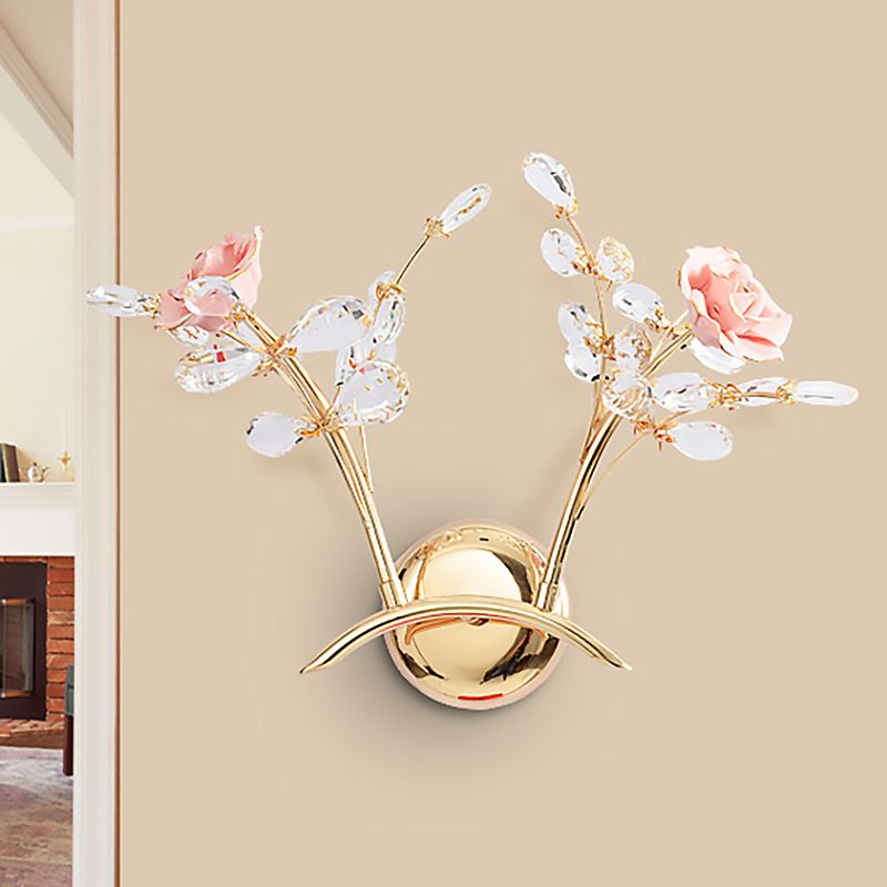 Rose Sconce Lamp with Crystal Leaf Vintage Metal 2 Lights Gold Wall Mount Light for Living Room