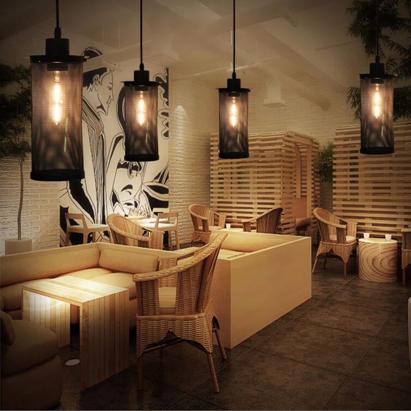 Metaal zwart plafond hangende lantaarn cilindrisch gaas 1 kop industriële hangerverlichting voor café