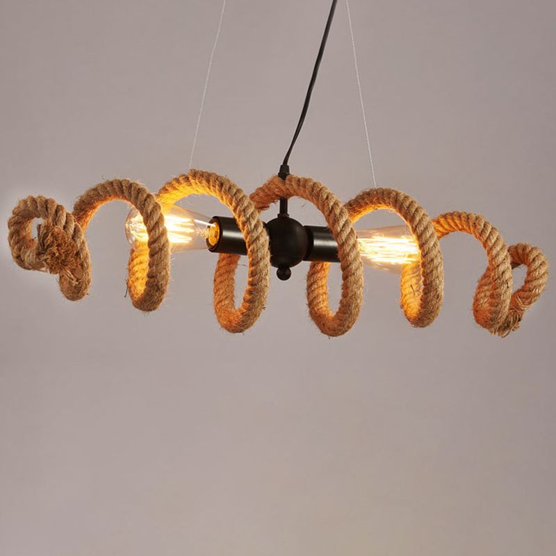 Vintage Hemp Rope Chandelier Indsutrial Retro 2 Light Linear Island Lamp for Restaurant