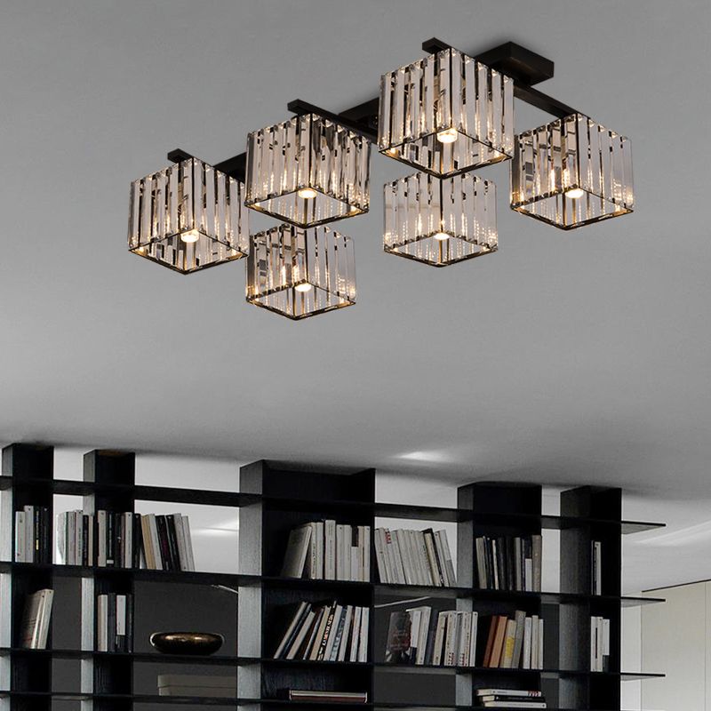 Accesorio de techo para sala de estar, barra de cristal de tres lados, cuadrado moderno, semiempotrado, 4/6/9 luces, en dorado/negro