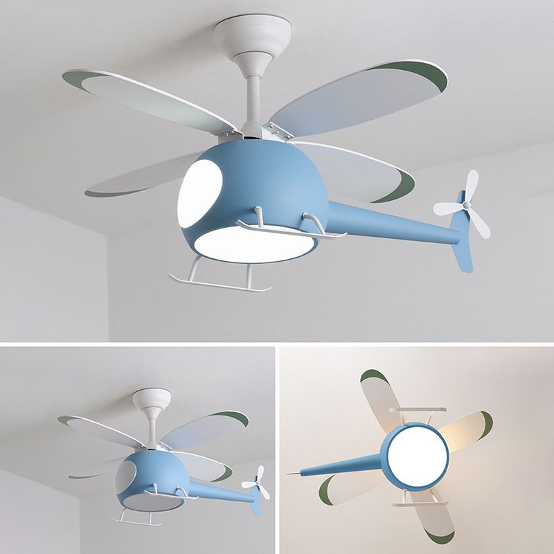 Kids Creative LED Fan Light Wrought Iron Airplane Hanging Lamp with Acrylic Shade