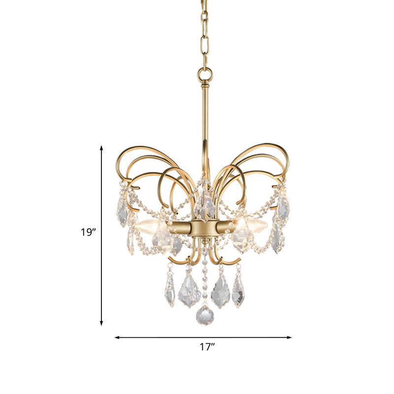 3 Bulbs Butterfly Chandelier Lighting Rural Gold Metal Pendant Lamp with Crystal Strand Decor