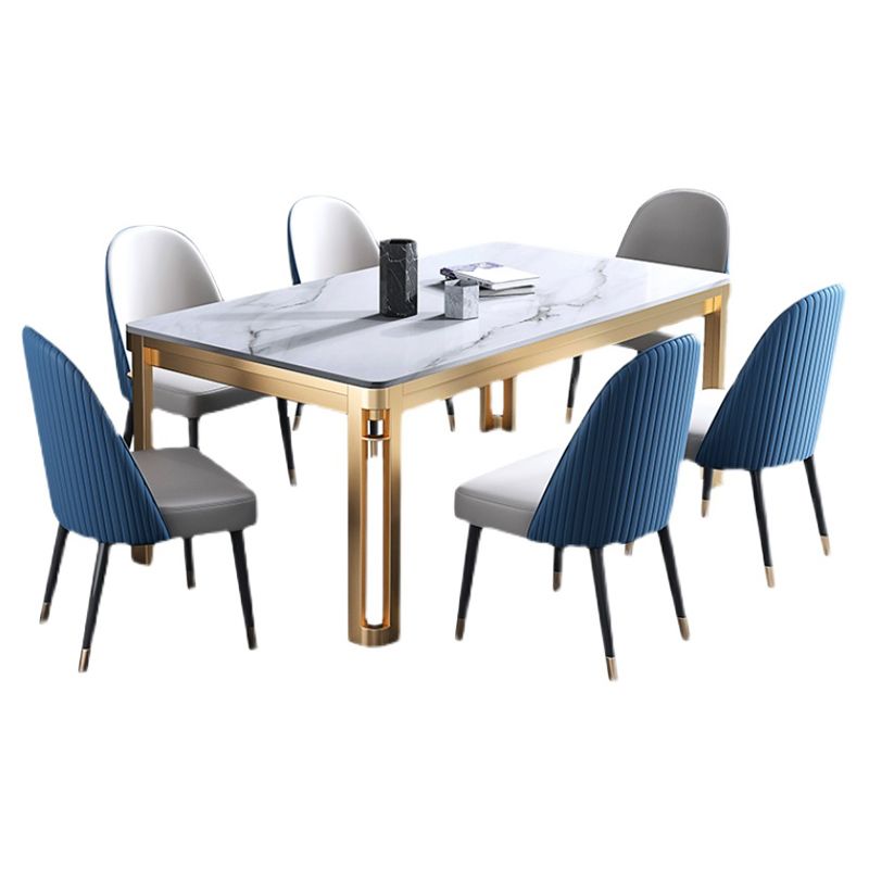 Traditionele luxe eettafel rechthoek gesinterde steen 4 poten tafel met gouden frame