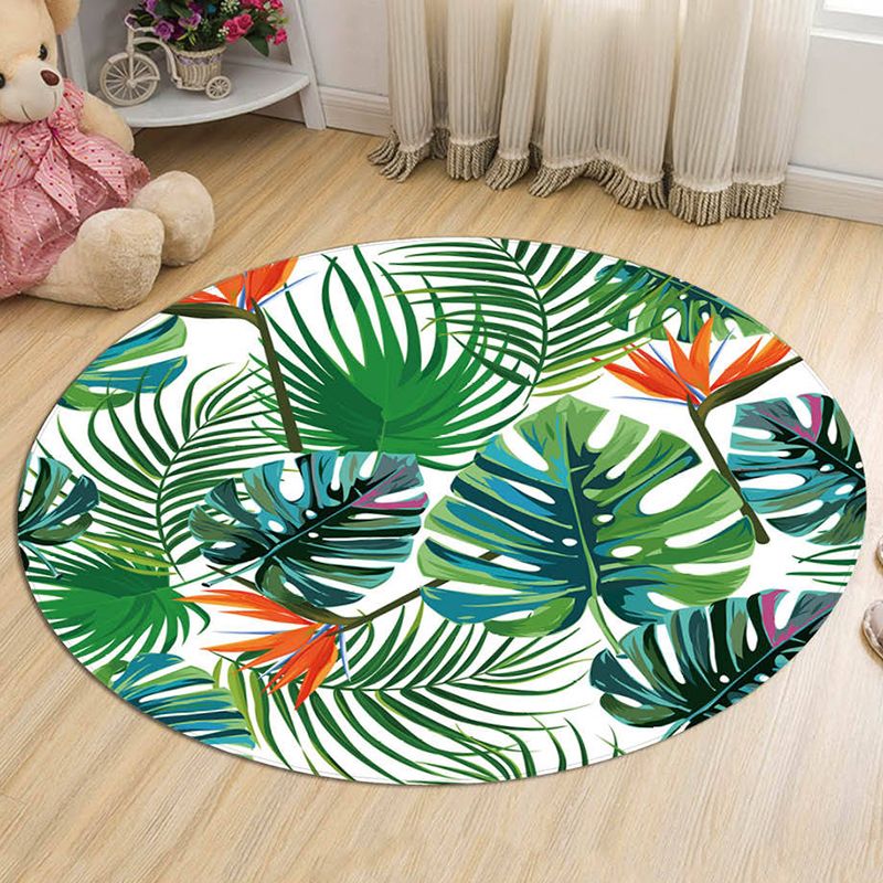 Green Leaves Pattern Rug Modern Fresh Round Carpet Flannel Non-Slip Backing Rug for Living Room