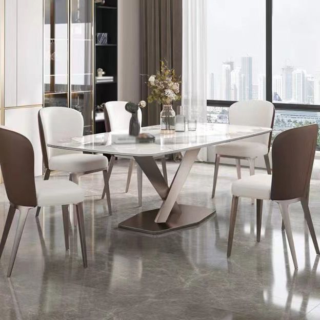 Metal Traditional Luxury Rectangle Table Sintered Stone Top Table with Pedestal